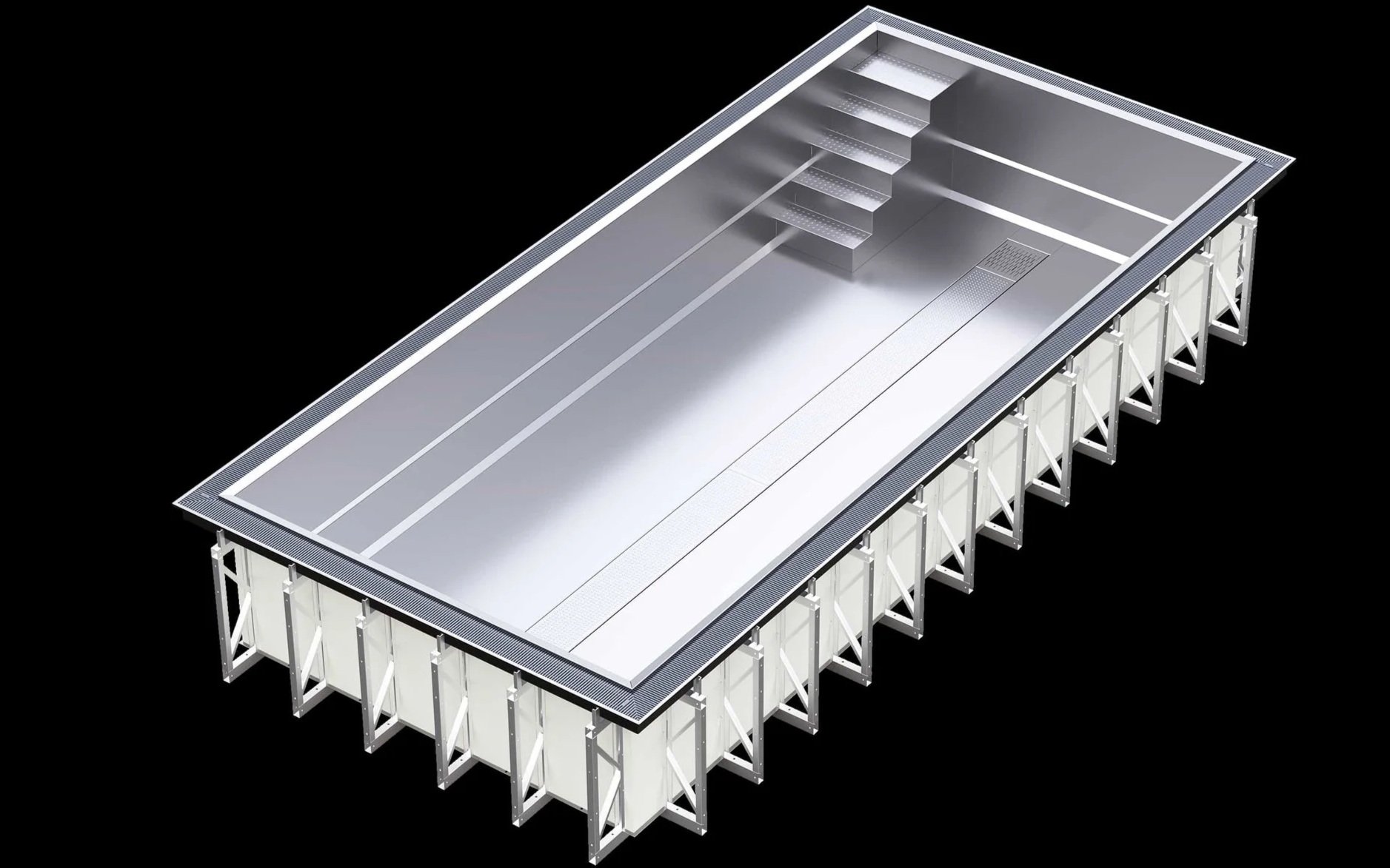 A rectangular Olympic size swimming pool under construction with a black background.