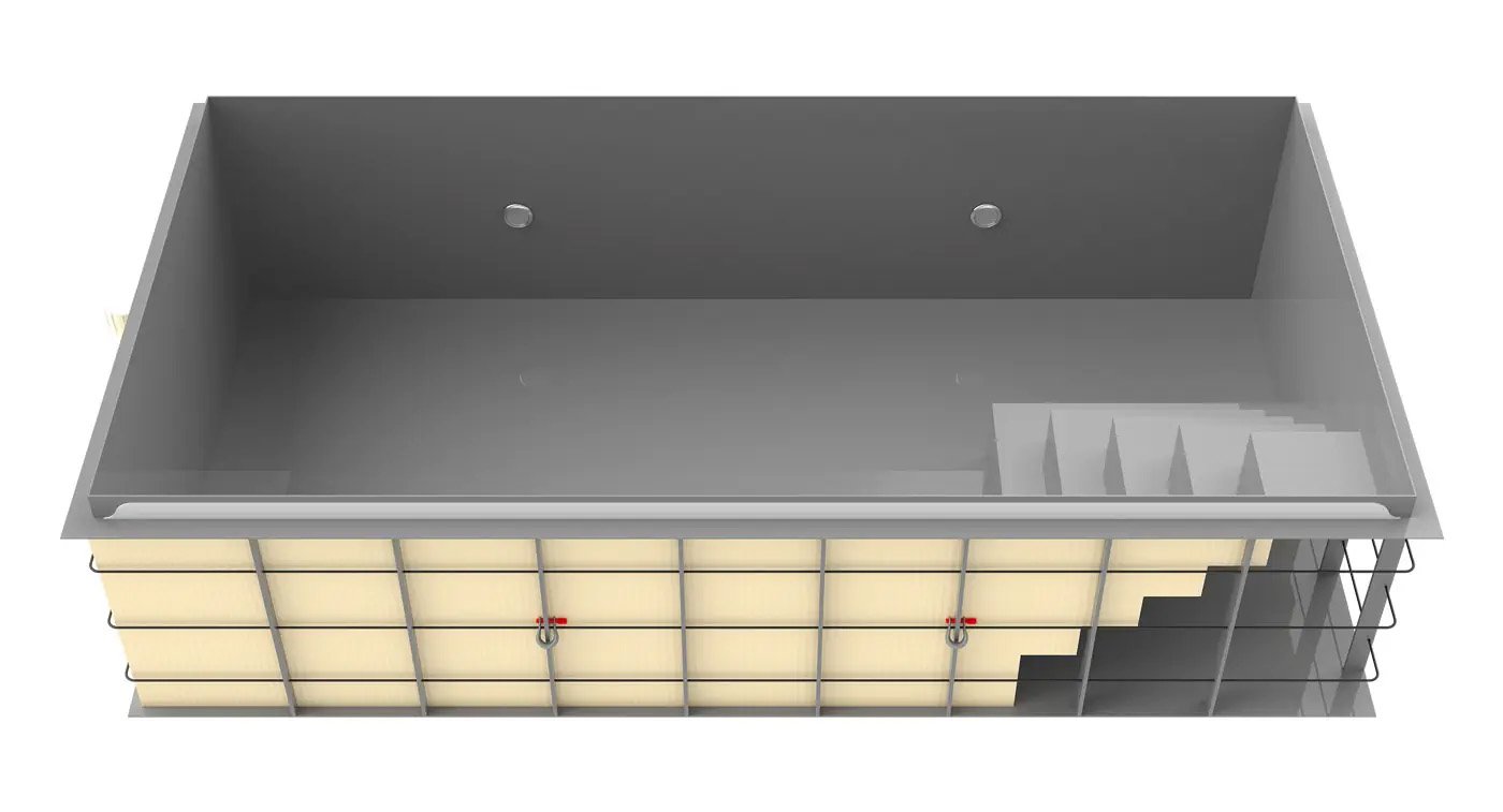 A 3D rendered image of an empty rectangular swimming pool with stairs on the right side, gray interior, and beige sides with metal supports.