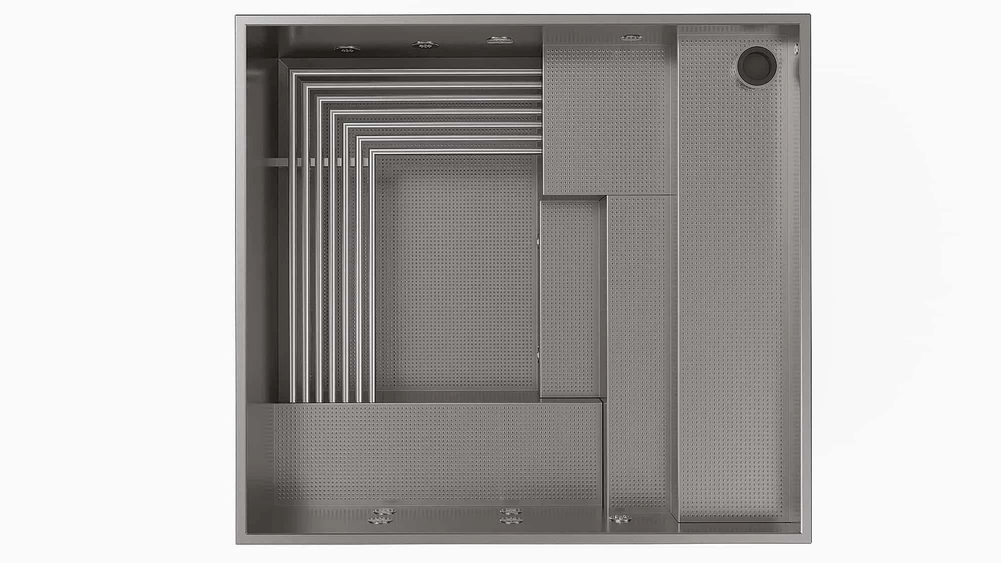 A stainless steel bakery proofing cabinet with shelving and perforated panels.