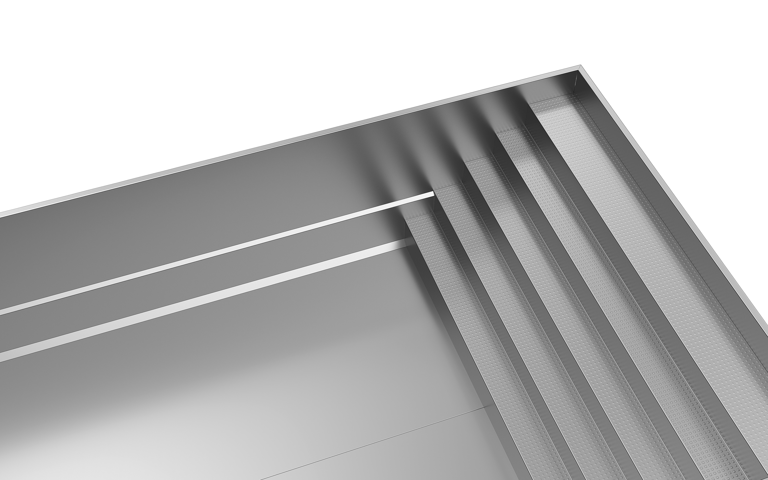 Close-up of a metallic staircase with black background.