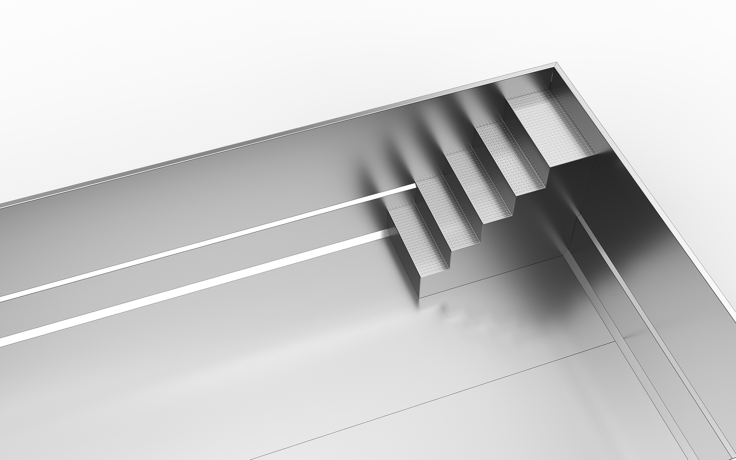 A close-up image of a metallic stairway with four steps, seen from above, against a black background.