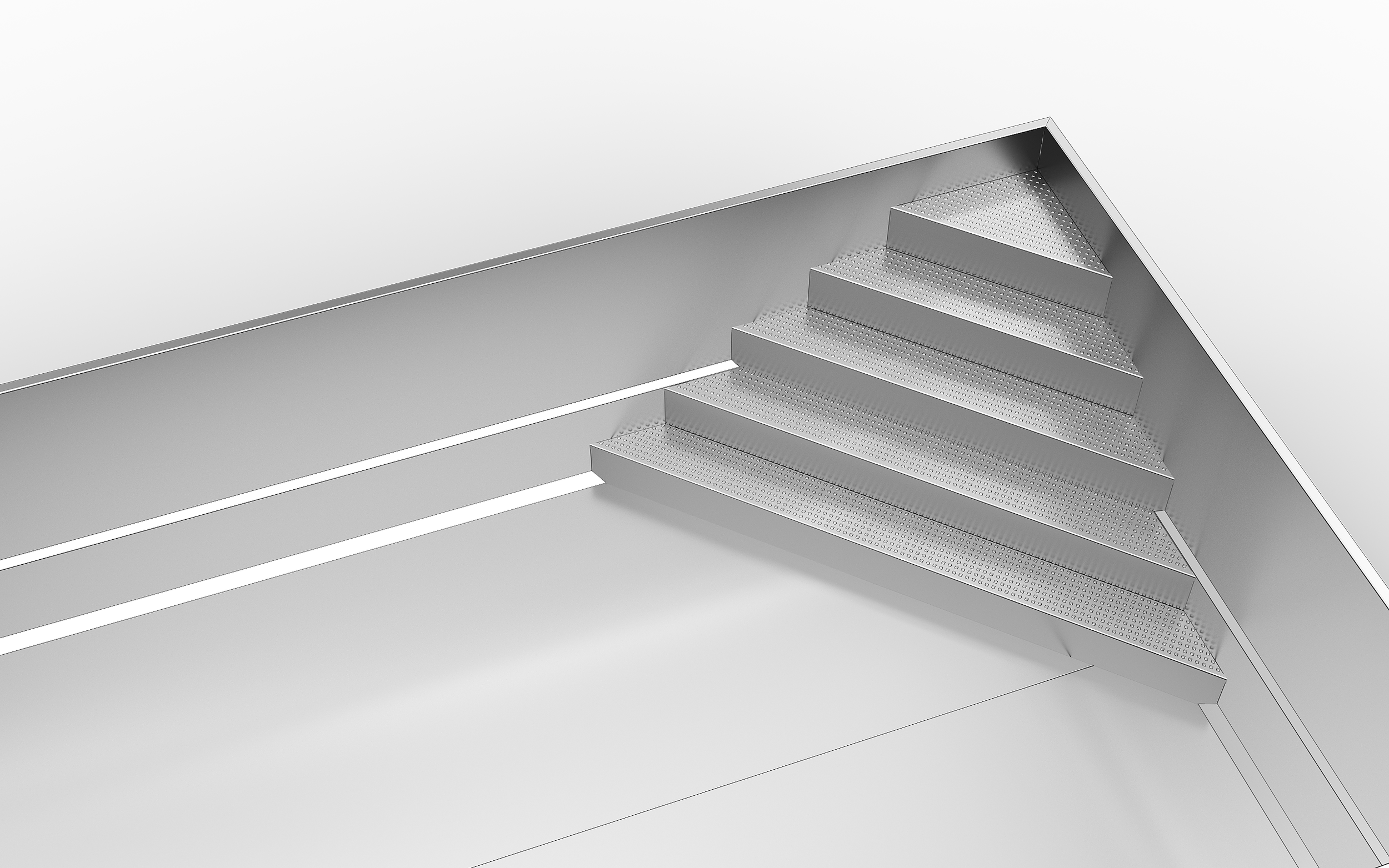 Metal stairs with non-slip treads leading into a raised platform, against a black background.