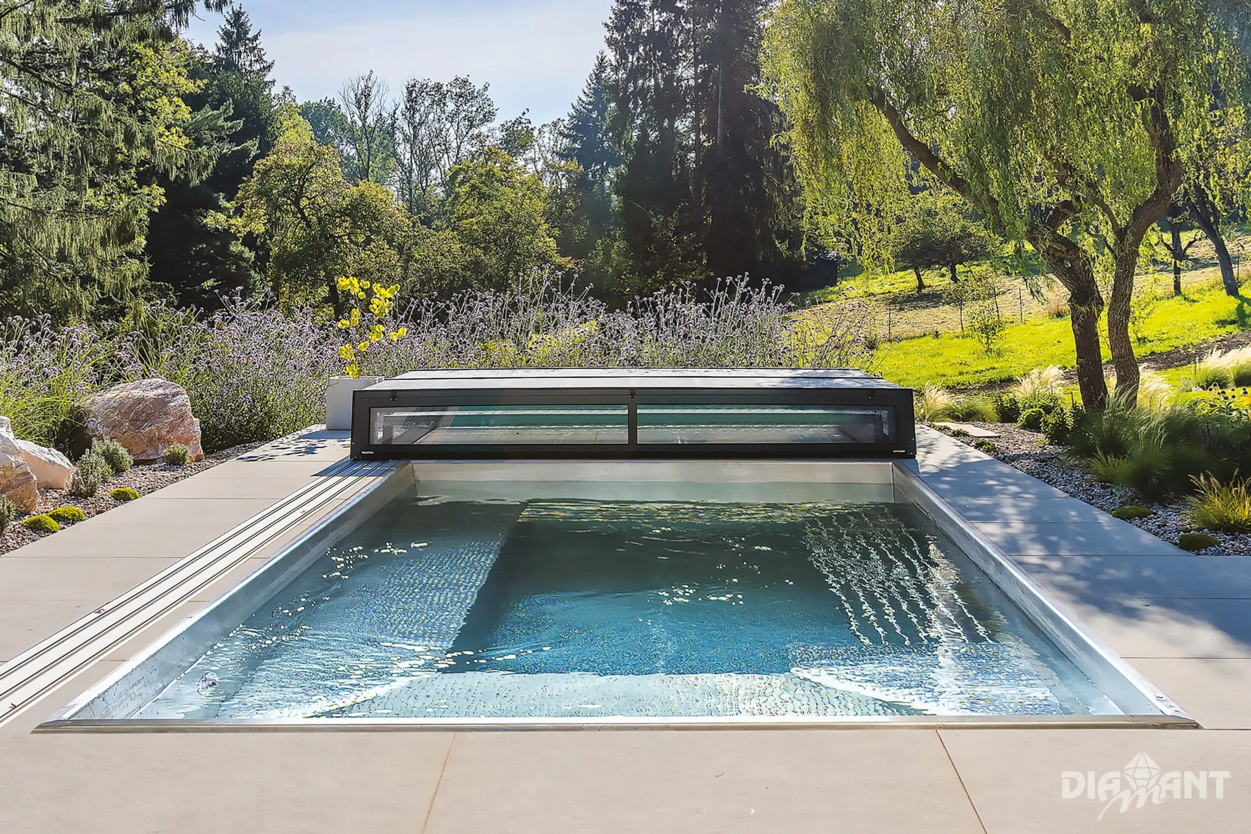Modern backyard with a small swimming pool, surrounded by a lush garden with trees and flowers, under a sunny sky.