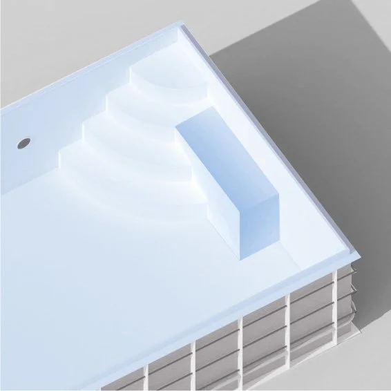 A white architectural model of an outdoor seating area with curved steps and a rectangular platform, viewed from above.