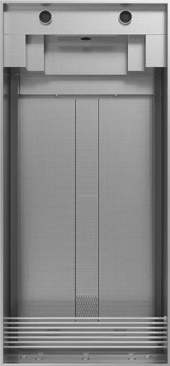 Empty elevator with closed doors and ceiling lights.