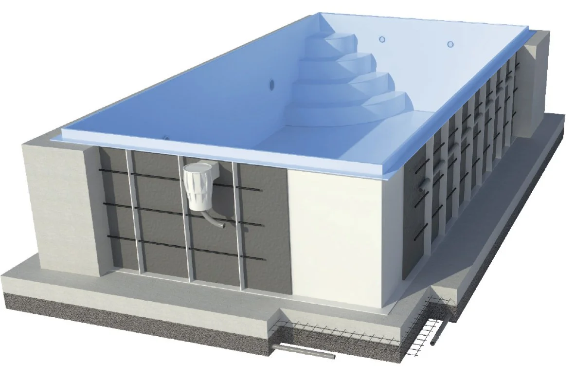 3D rendering of a swimming pool construction with an on-site view, showing the pool's interior steps, walls, and surrounding structure.
