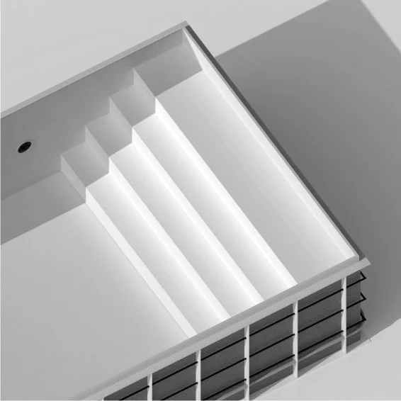 A computer-generated illustration of an empty pool with four steps on one side and a black railing on the other.