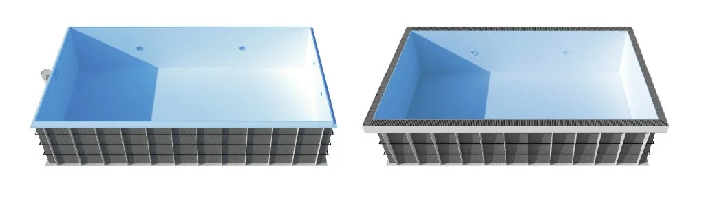 Comparison of two swimming pools, one with a full rectangular shape and the other with a partial rectangular shape, both having blue interior surfaces and supported by black frames.