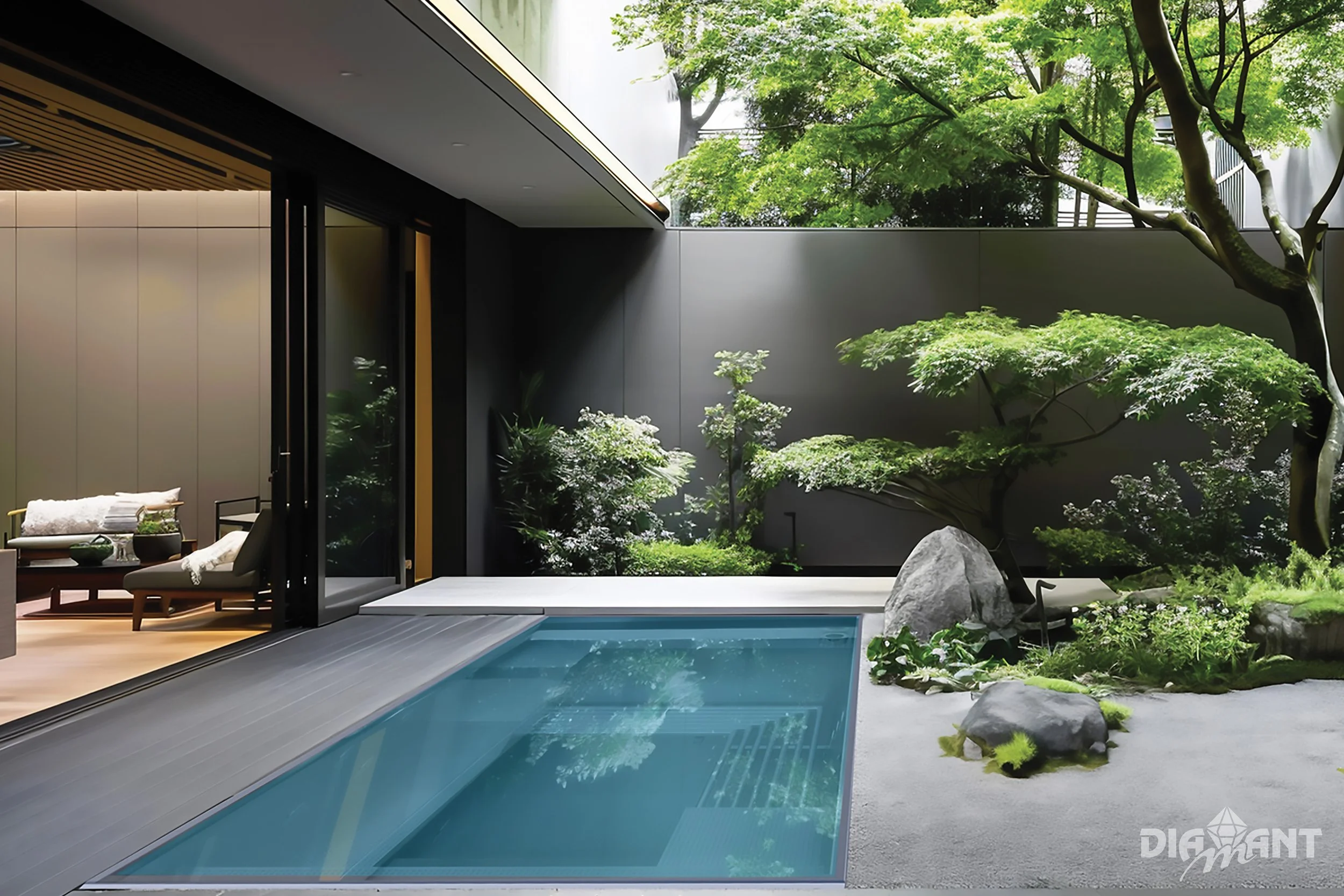 Modern backyard with a small pool, surrounding greenery, rocks, and a sitting area visible through sliding glass doors.
