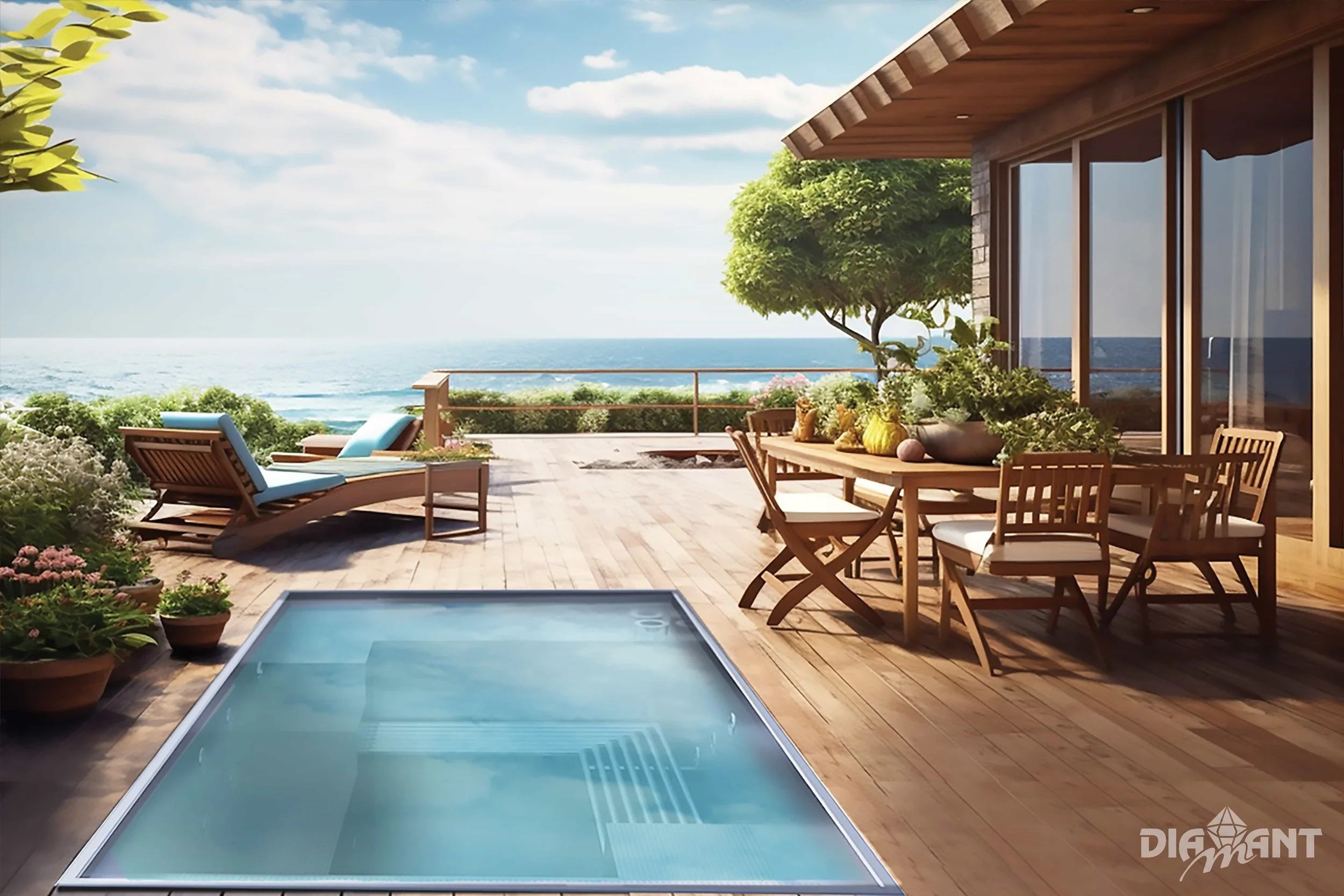 Deck with outdoor furniture, potted plants, a small pool, and ocean view.