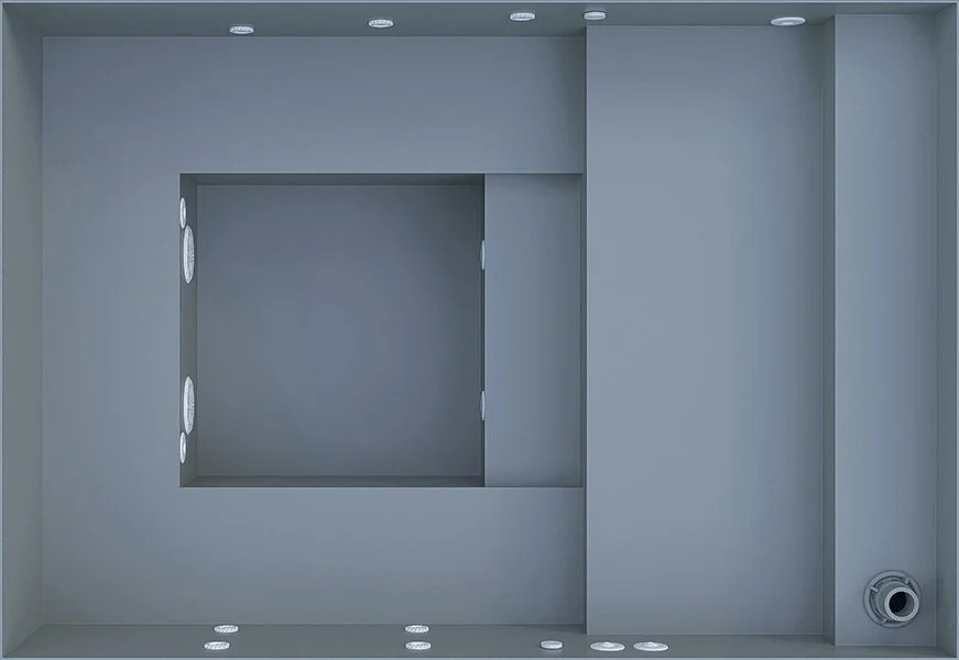 Empty gray animal enclosure or cage with a square opening in the center and small lights along the top, bottom, and sides.