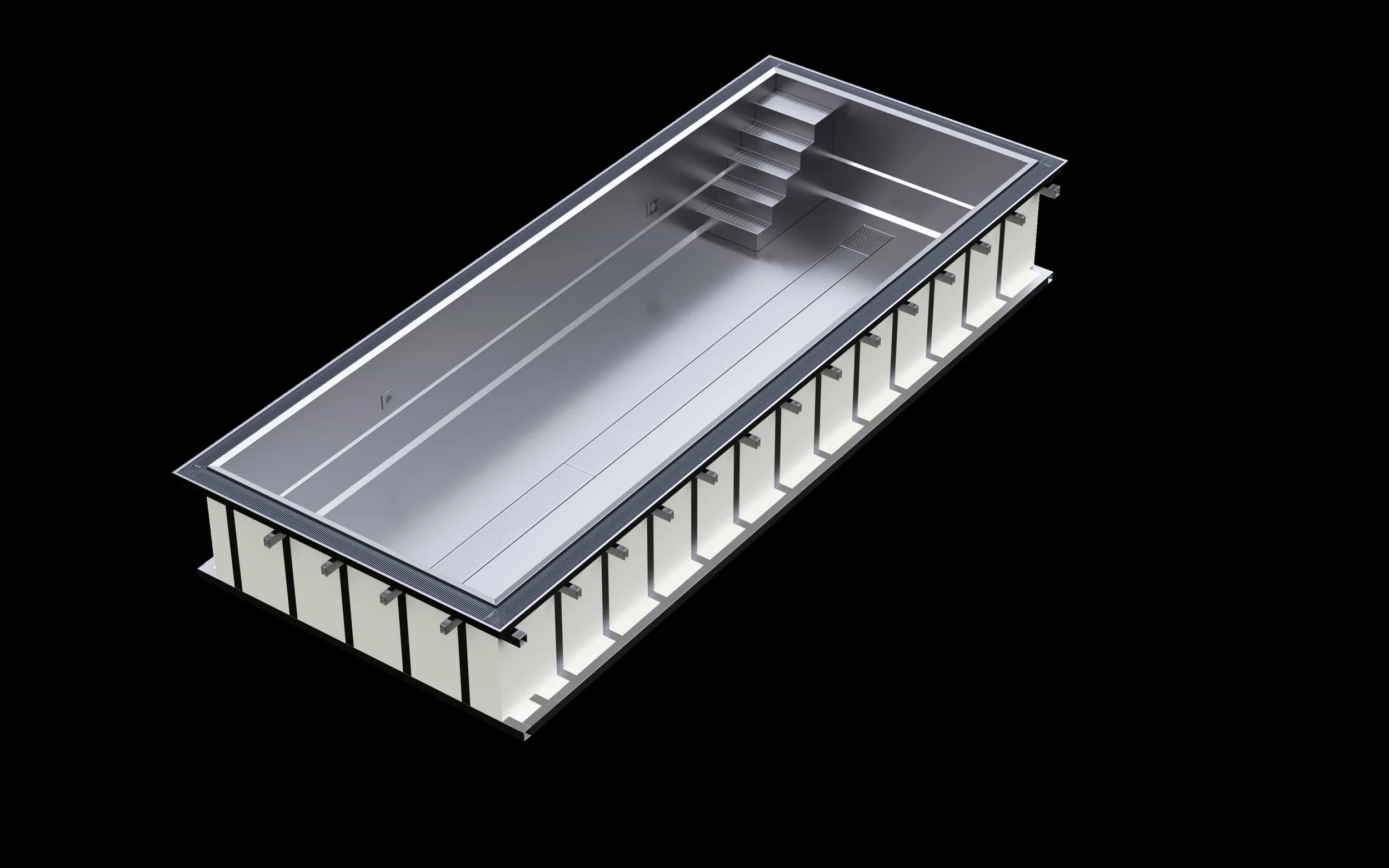3D rendering of an empty swimming pool with steps at one end, surrounded by a black background.