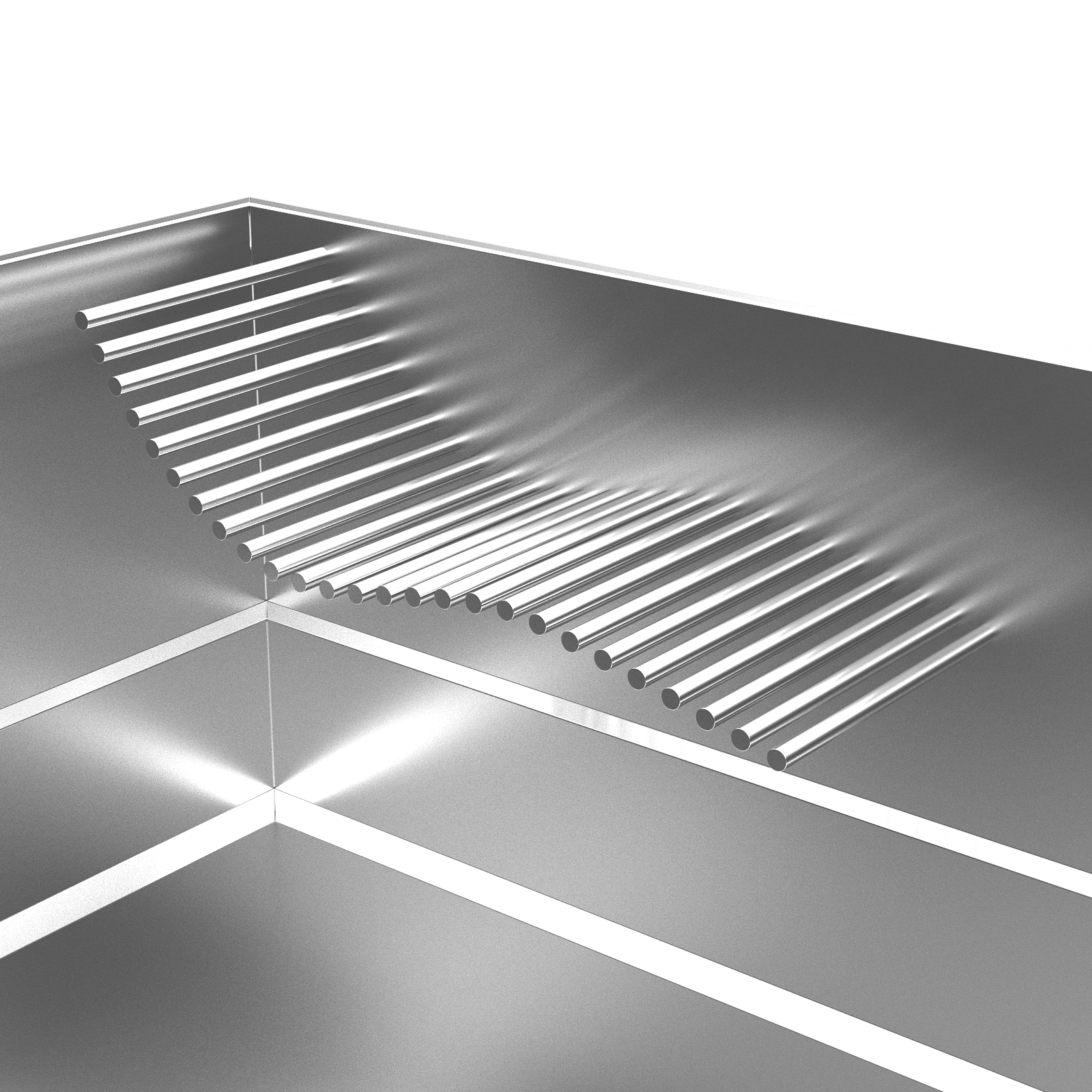 A grayscale image of a metal grill grate with round rods, viewed from above, with part of a metallic container or sink beneath it.
