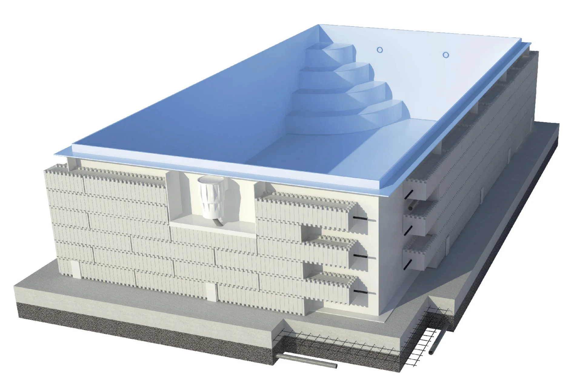 3D model of a swimming pool with a curved ladder and steps, surrounded by a building structure with multiple floors and Hallways.