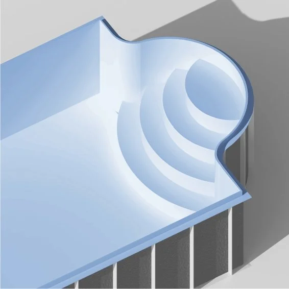 Close-up of a clear plastic ice cube tray with circular compartments, partially filled with water, casting a shadow on a gray surface.