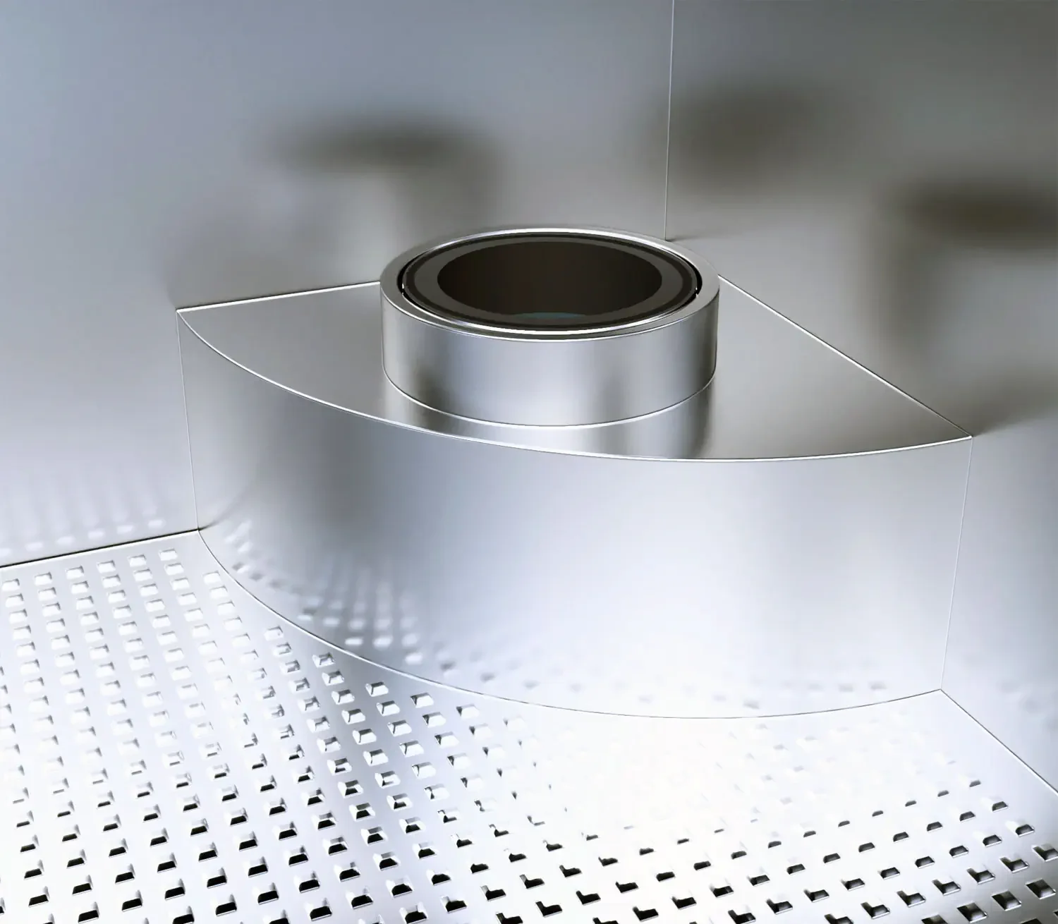 A shiny metallic structure with a circular opening in the center, set against a reflective metallic background and a perforated metal floor.