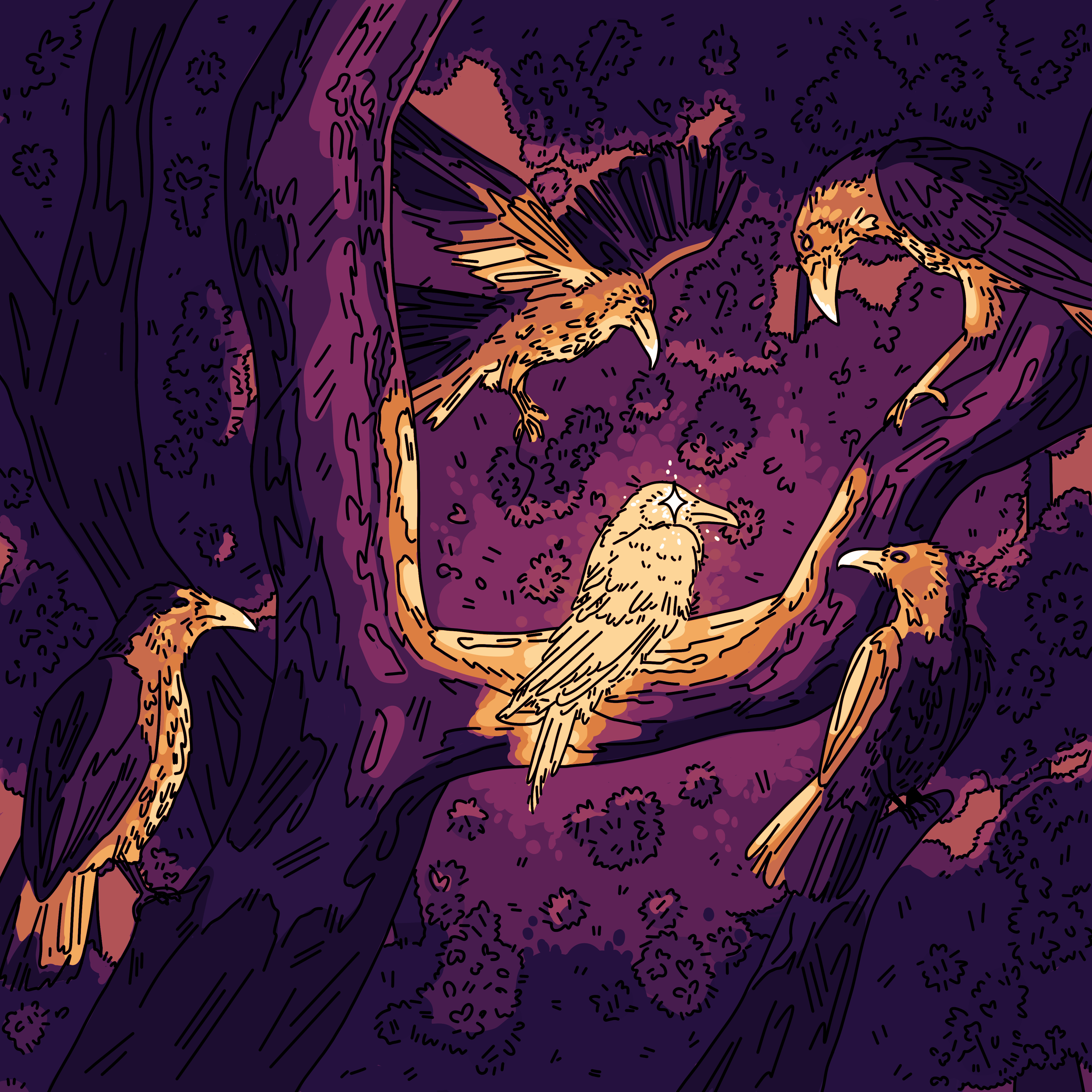 An illustration featuring multiple crows - this piece was also created for a Halloween themed market.