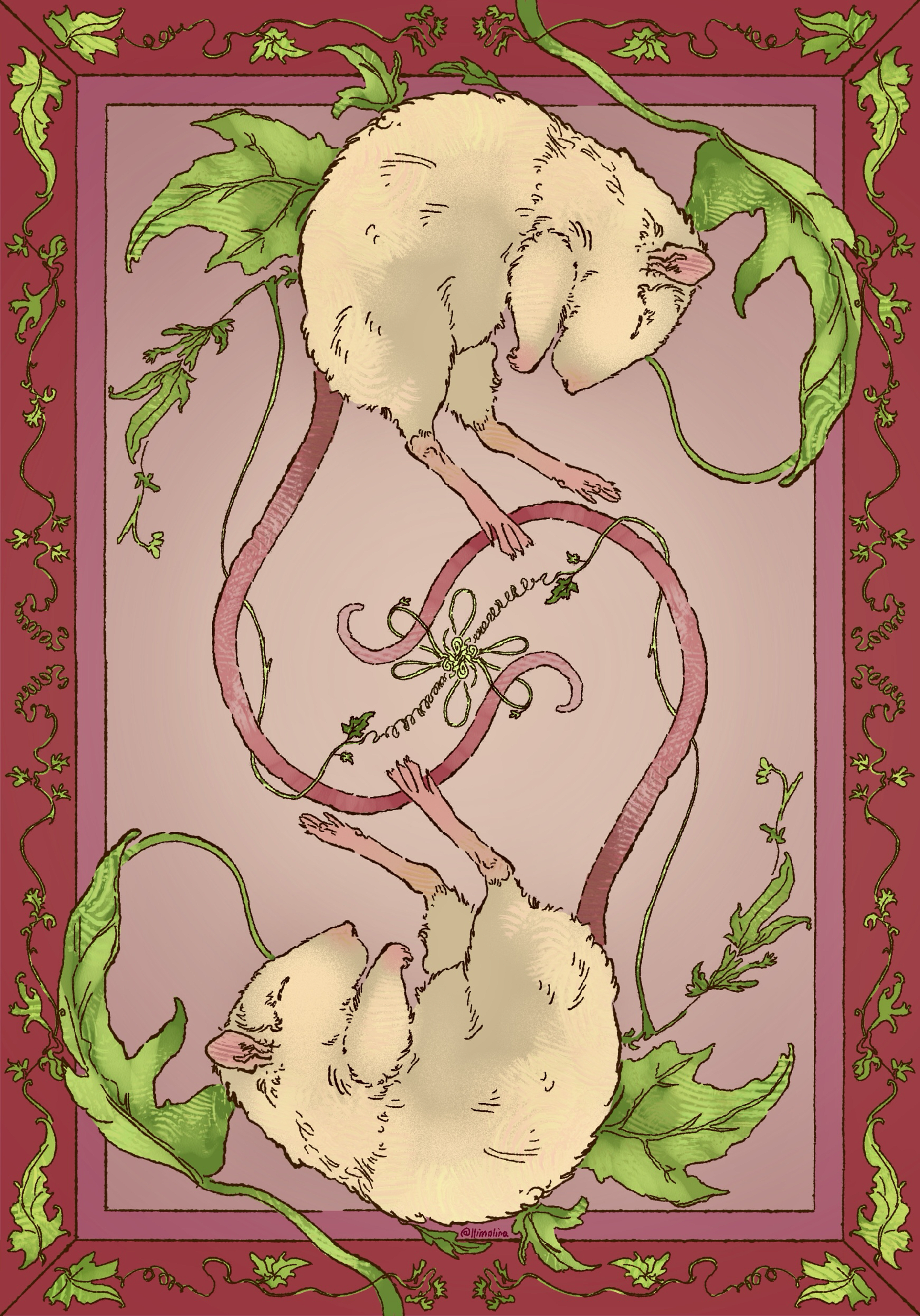 A decorative piece featuring a pair of rats and pumpkin foliage - created for a Halloween themed market.