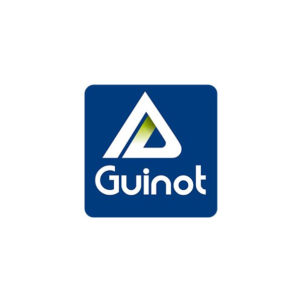 Logo de Guinot avec un symbole triangulaire stylisé en blanc, vert et gris sur un fond bleu, avec le nom « Guinot » en blanc en dessous.