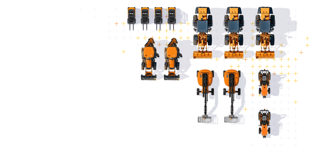 Une variété de machines agricoles orange et noire, y compris des tracteurs, des chargeuses et d'autres équipements utilisés pour l'agriculture.