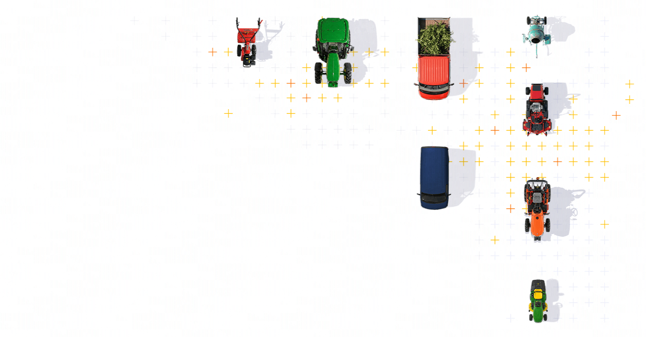 Vue aérienne de plusieurs véhicules agricoles et de construction, y compris des tracteurs, véhicules utilitaires et une pompe à eau, disposés sur un plan blanc avec un motif de petites croix oranges et bleues.