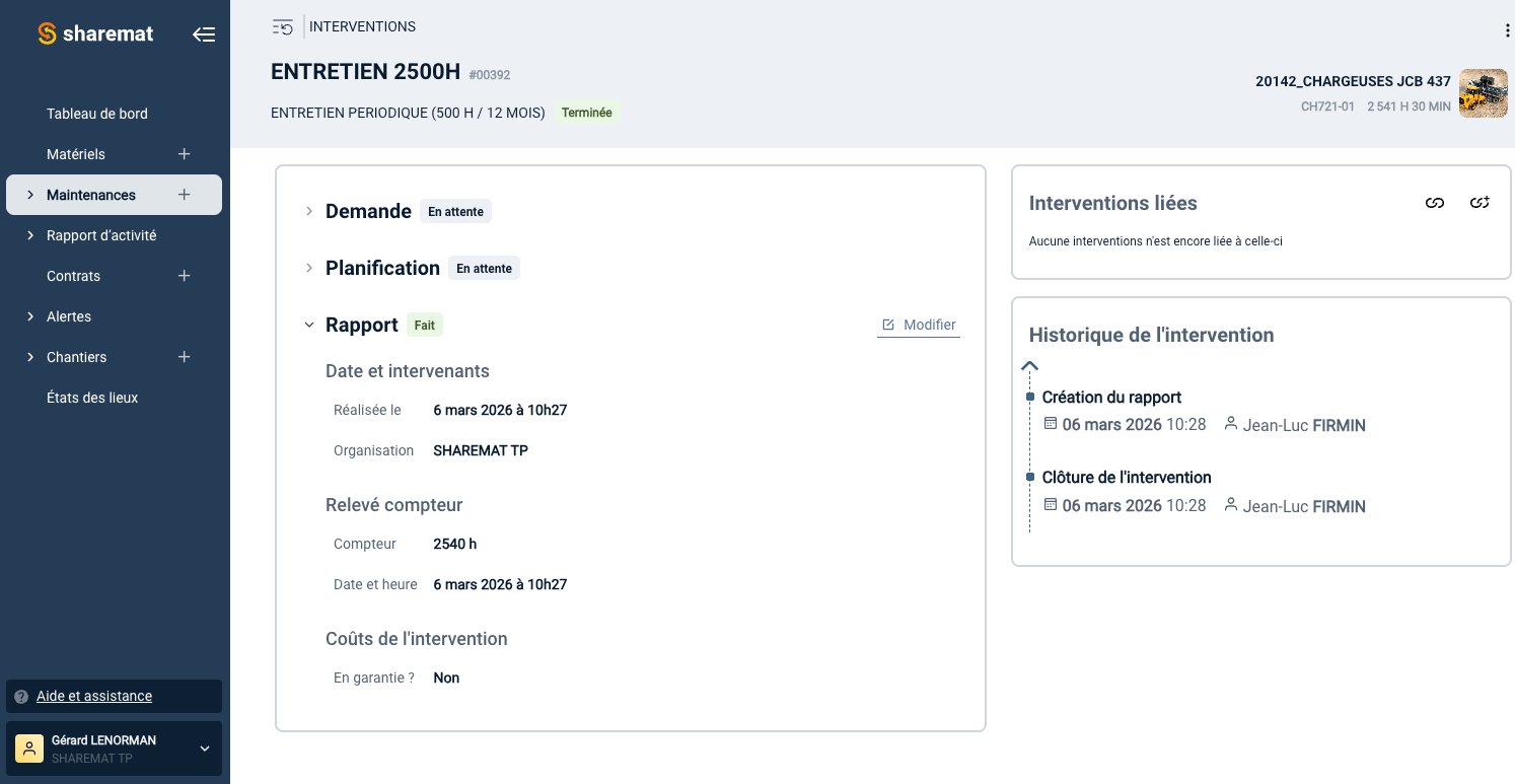 Capture d'écran d'une interface logiciel de gestion de maintenance, affichant un rapport d'entretien périodique avec détails sur la création du rapport, la clôture, le nombre d'heures de travail, le nom de l'intervenant et la date.