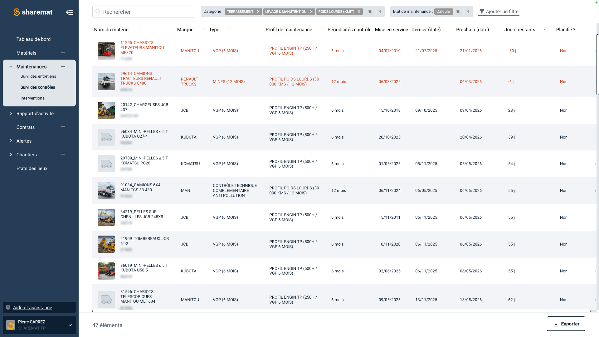Capture d'écran d'une plateforme de gestion de maintenance de véhicules, affichant une liste de matériels avec leurs détails, tels que le nom, la marque, le type, le profil de maintenance, la périodicité, la dernière et la prochaine date de maintenance, ainsi que les jours restants.