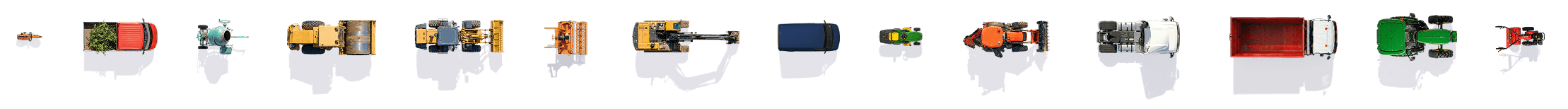 Une série de véhicules agricoles liés à la viticulture, comprenant un tronçonneuse, des pulvérisateurs, des remorques, et autres outils, alignés côte à côte.