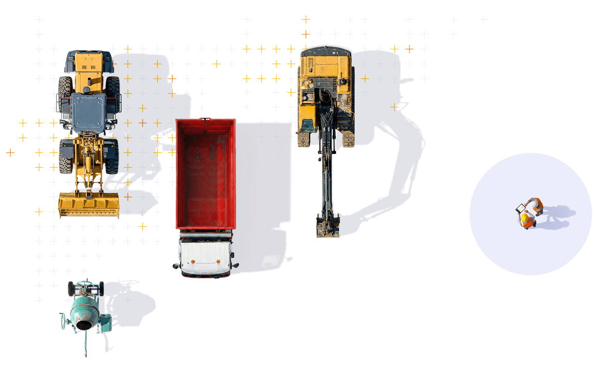 Vue aérienne de divers véhicules et équipements de construction, dont une pelle mécanique, un camion à benne, un bulldozer, une bétonnière, et un casque avec un appareil de communication, sur un fond blanc avec des petits motifs jaunes et orange.