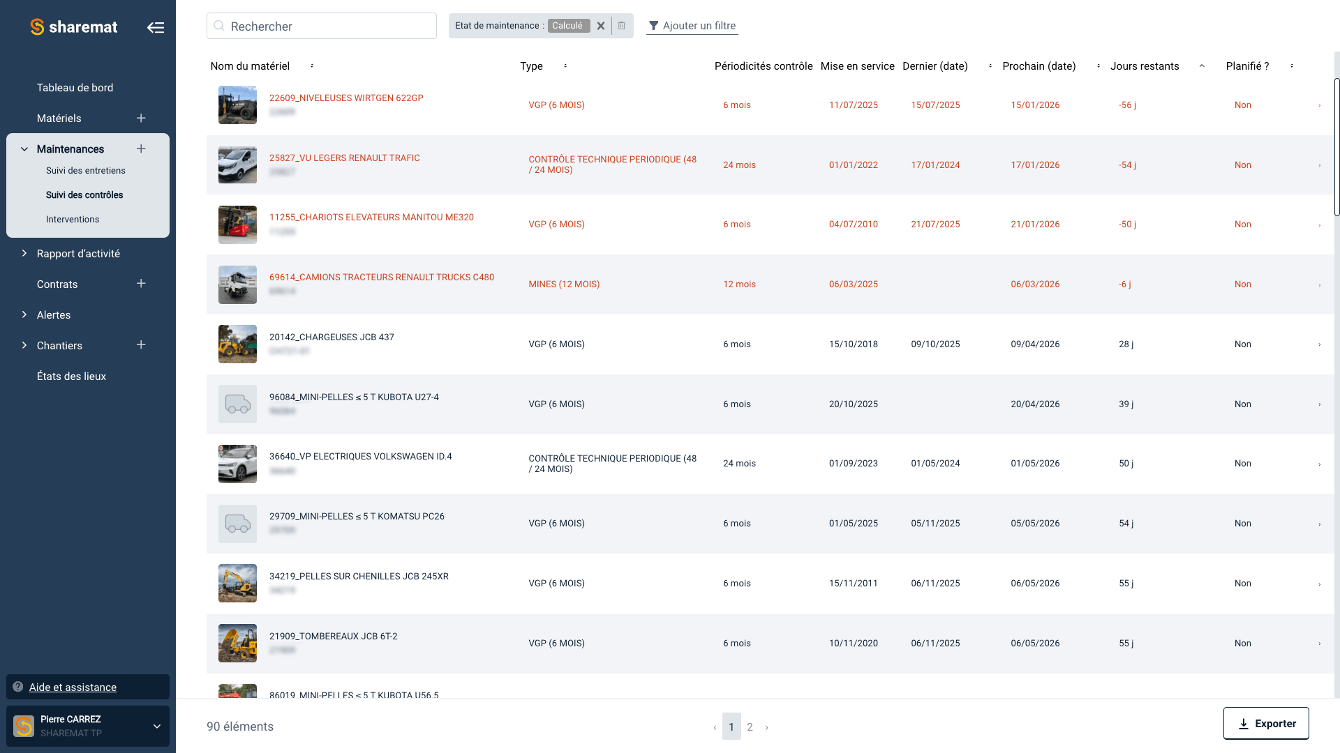 Capture d'écran d'un logiciel de gestion des maintenances de véhicules, affichant une liste de matériel avec détails sur la dernière inspection, la périodicité, et la prochaine date de maintenance.