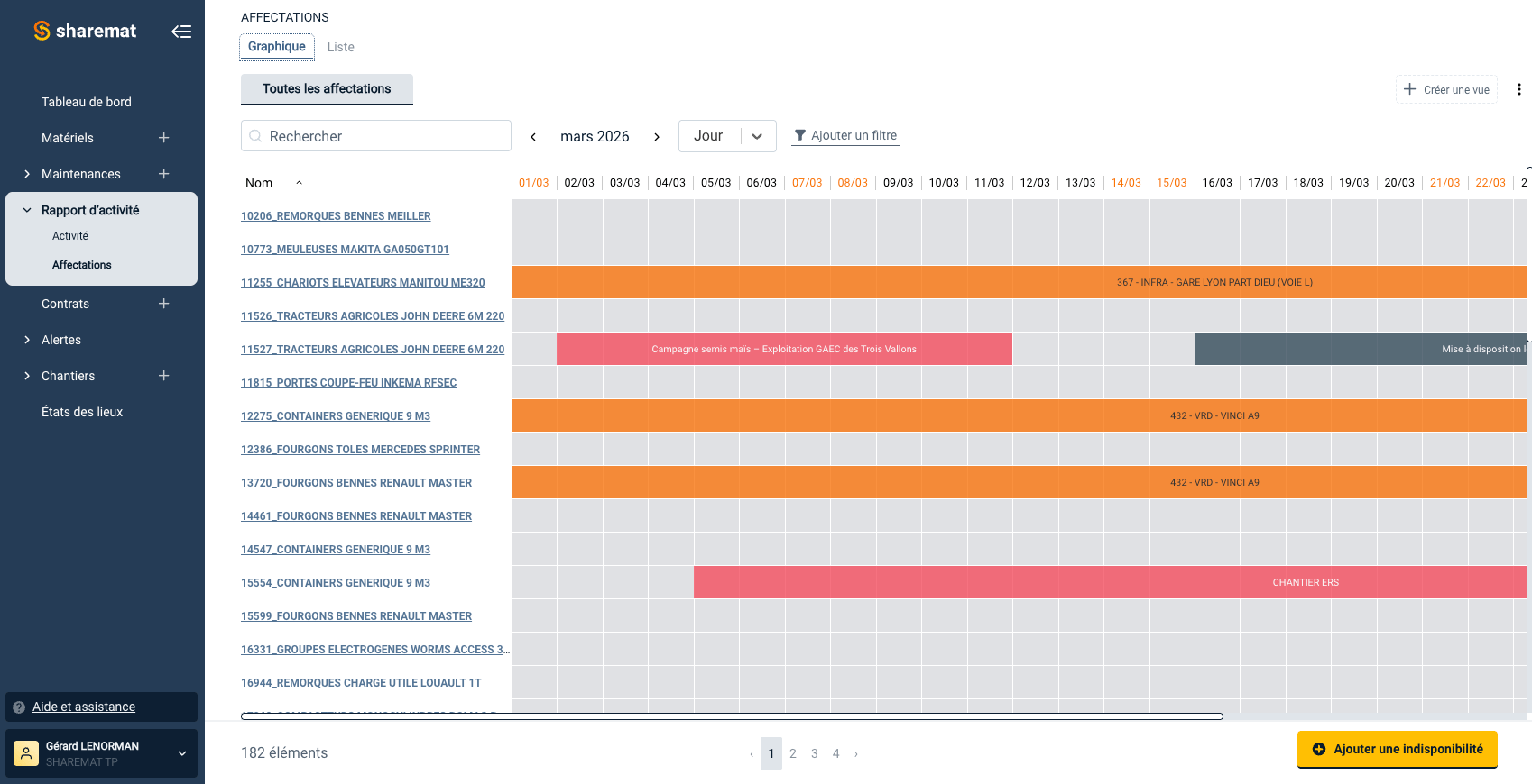 Capture d'écran d'un tableau de gestion des affectations de machines agricoles et de véhicules dans une plateforme logicielle, avec un calendrier de mars 2026, indiquant différentes tâches en cours ou planifiées.