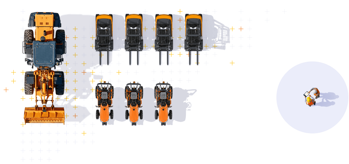 Une collection d'équipements de construction orange et bleus, y compris un bulldozer, des camions, des tracteurs et une pelle mécanique, disposés sur un fond blanc avec des petits croix jaunes et orange. Un homme équipé d'un casque de sécurité, portant un sac à dos, se trouve sur le côté droit.