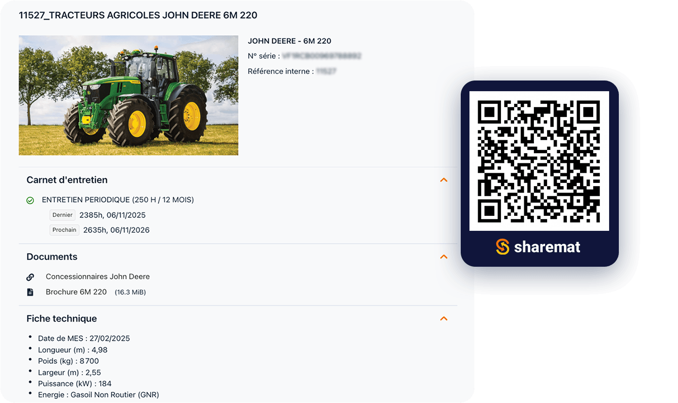 Fiche technique d'un tracteur agricole John Deere 6M 220, comprenant une photo du tracteur, ses détails techniques, ses documents et son entretien périodique, ainsi qu'un QR code Sharemat.