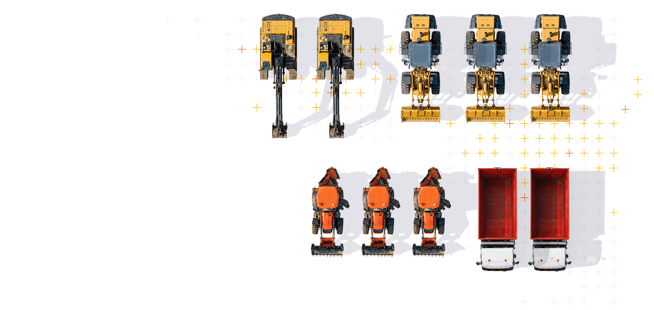Vue aérienne de diverses machines et véhicules de construction et de transport, notamment deux excavatrices, quatre chargeuses, trois pelles mécaniques orange et deux camions à remorque rouge, sur fond blanc.