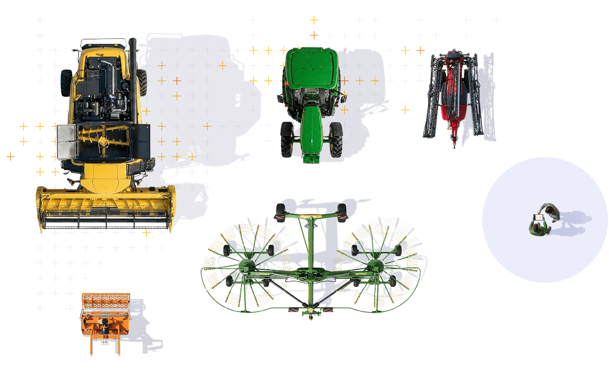 Différents équipements agricoles vus du dessus, incluant un tracteur vert, un moissonneuse-banique jaune, un pulvérisateur vert, un pulvérisateur orange, un drone agricole vert, et deux personnes dans une zone encerclée