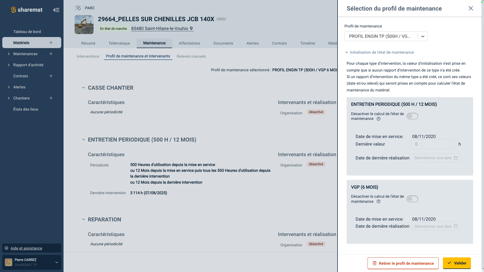 Ecran de gestion de maintenance d'une machine, avec options pour planifier les interventions périodiques et révisions, en français.