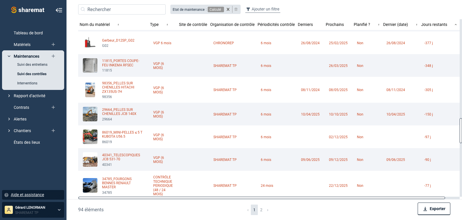 Capture d'écran d'un tableau de bord de gestion de maintenance, montrant une liste d'équipements avec détails comme le nom, le type, la période de contrôle, la date d'échéance, et l'état de planification.