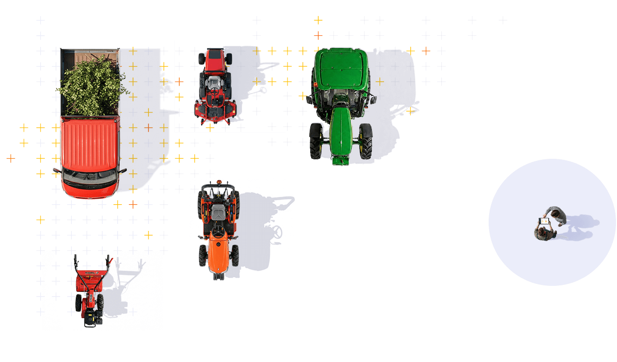 Vues aériennes de plusieurs tracteurs agricoles, un véhicule utilitaire rouge avec un remorque remplie de plantes, et deux personnes assises autour d'une table ronde en train de discuter.