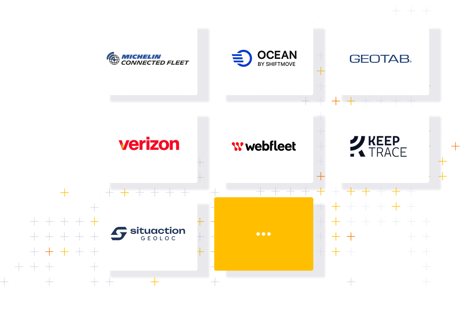 Logo de diverses entreprises technologiques et de géolocalisation, dont Michelin, Ocean by Shiftmove, Geotab, Verizon, Webfleet, Keep Trace, Situation Geoloc, et un logo en gris avec trois points jaunes en arrière-plan.