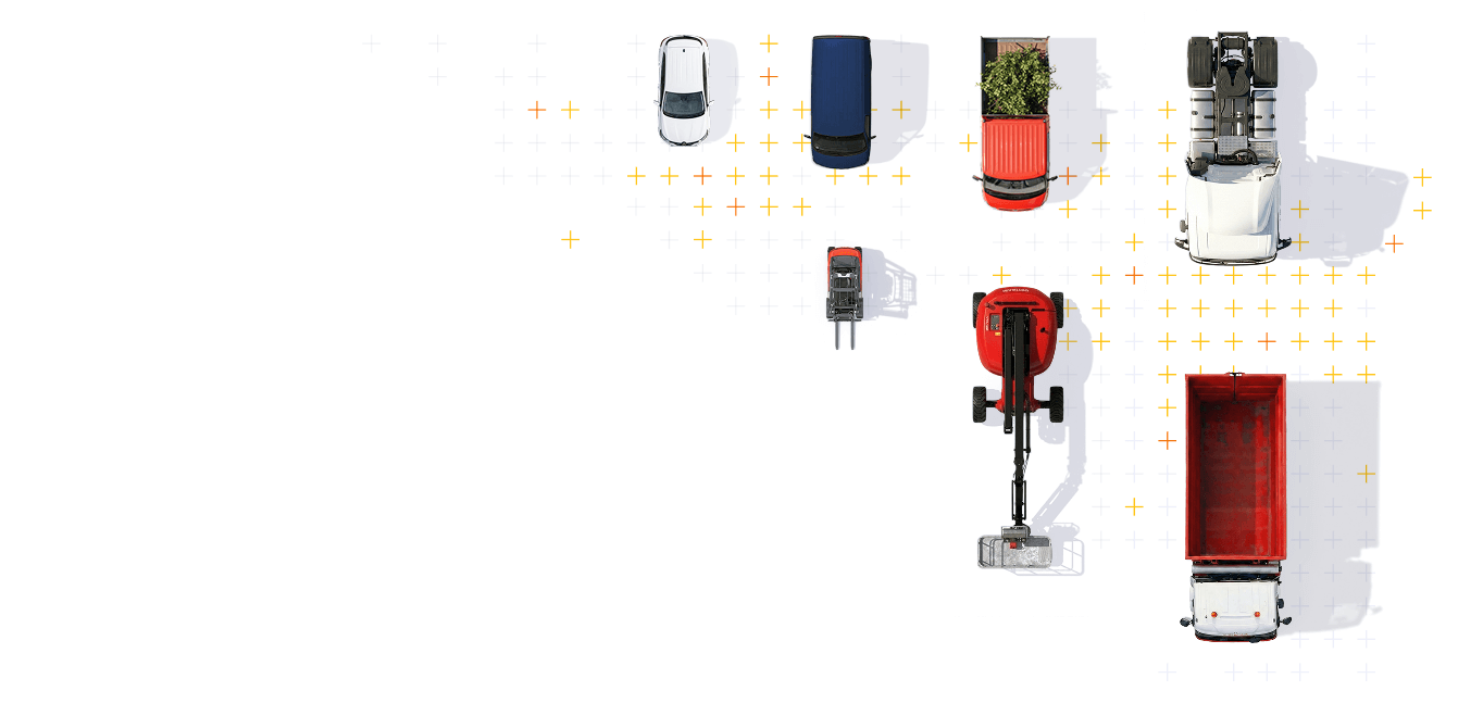 Vue aérienne de plusieurs véhicules et machines de construction, incluant des voitures, camions, une pelleteuse colorée en rouge, un remorque, et une petite machine, sur un fond blanc avec un motif en croix orange et jaune.