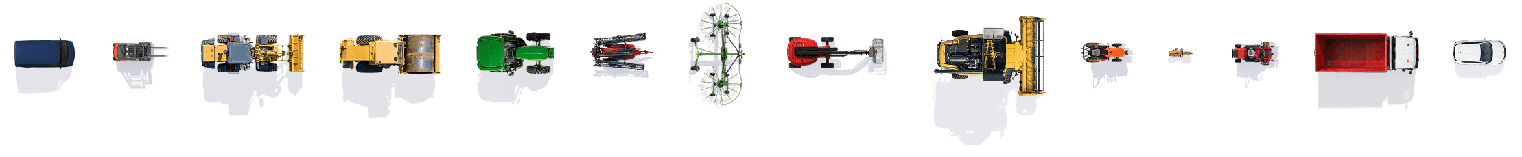 Une collection de différents types de véhicules agricoles, y compris un tracteur vert, une moissonneuse-bareuse jaune, un tombeau, un autre appareil agricole, et plusieurs chariots ou remorques agricoles, tous alignés en ligne.