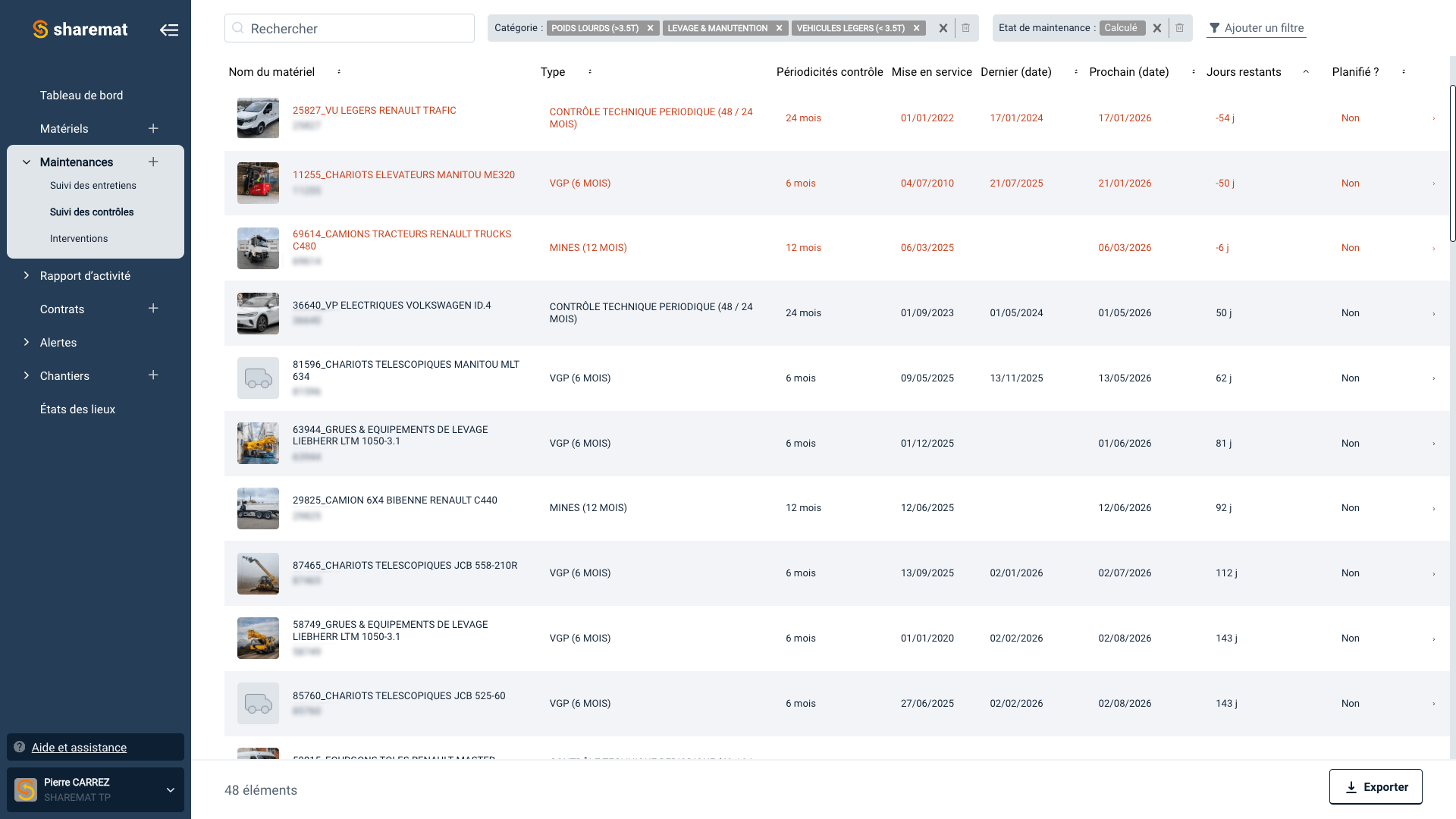 Capture d'écran d'une interface de gestion de maintenance de véhicules avec une liste de véhicules, leurs types, types de contrôles, dates, et statuts.