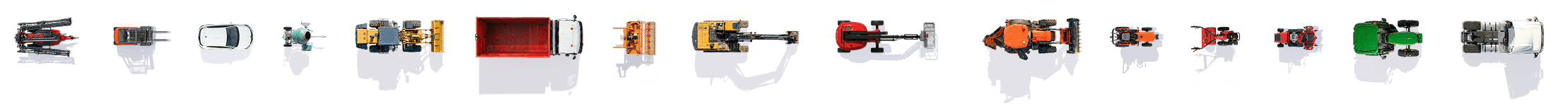 Différents types de véhicules agricoles et de construction alignés horizontalement.