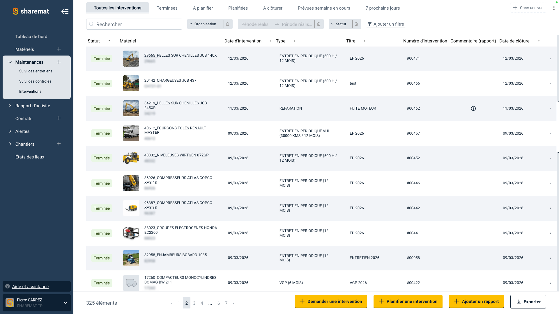 Capture d'écran d'une plateforme de gestion d'interventions et de maintenance. La page affiche un tableau listant plusieurs interventions terminées avec détails tels que matériel, date, type, titre, commentaire, et date de clôture, avec un menu de navigation latéral et des options pour planifier, demander, ajouter un rapport ou exporter des données.