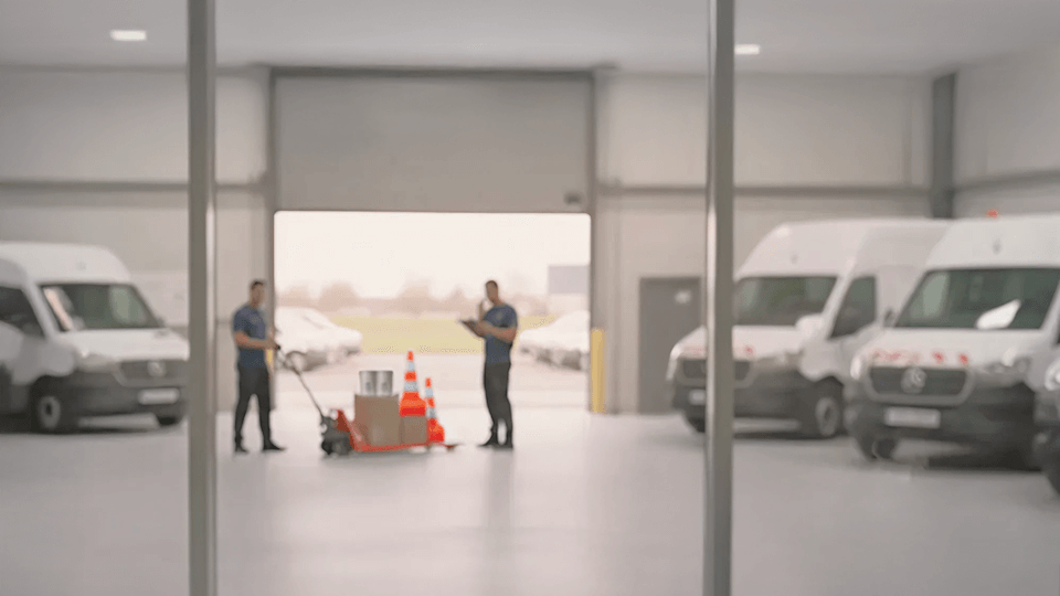 Deux employés de livraison discutant dans un entrepôt avec des véhicules de livraison blancs en arrière-plan.