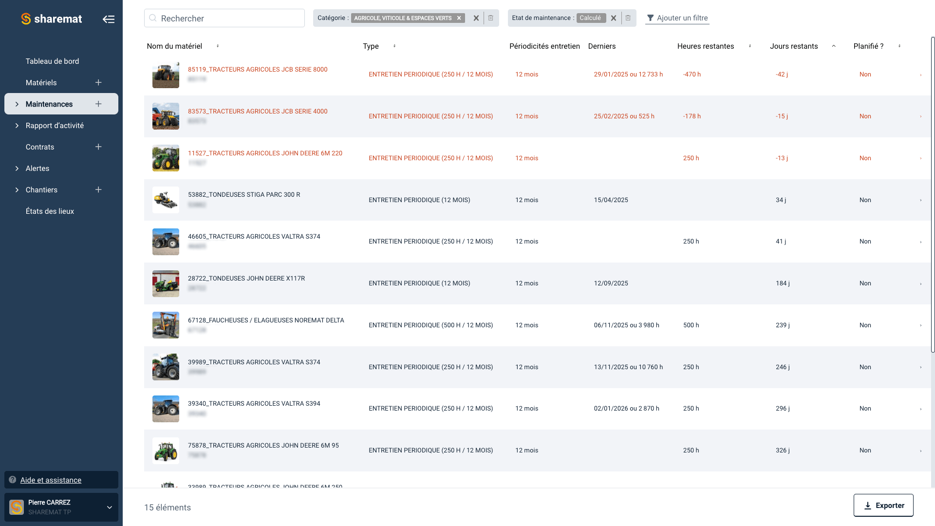 Capture d'écran d'une interface de gestion de maintenance de matériel agricole avec une liste de véhicules et équipements agricoles, tels que tracteurs et tondeuses, avec leurs informations de maintenance et d'entretien.
