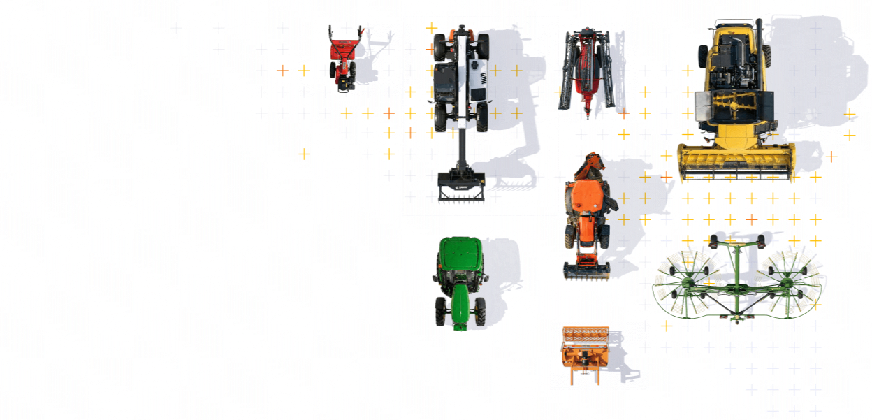 Une collection d'équipements agricoles et de machines de chantier vue du dessus. Celles-ci incluent un motoculteur rouge, une machine agricole noire, un tracteur rouge, un bulldozer jaune, un tracteur vert, une tonne à eau orange, un drone agricole, et un pulvérisateur agricole.