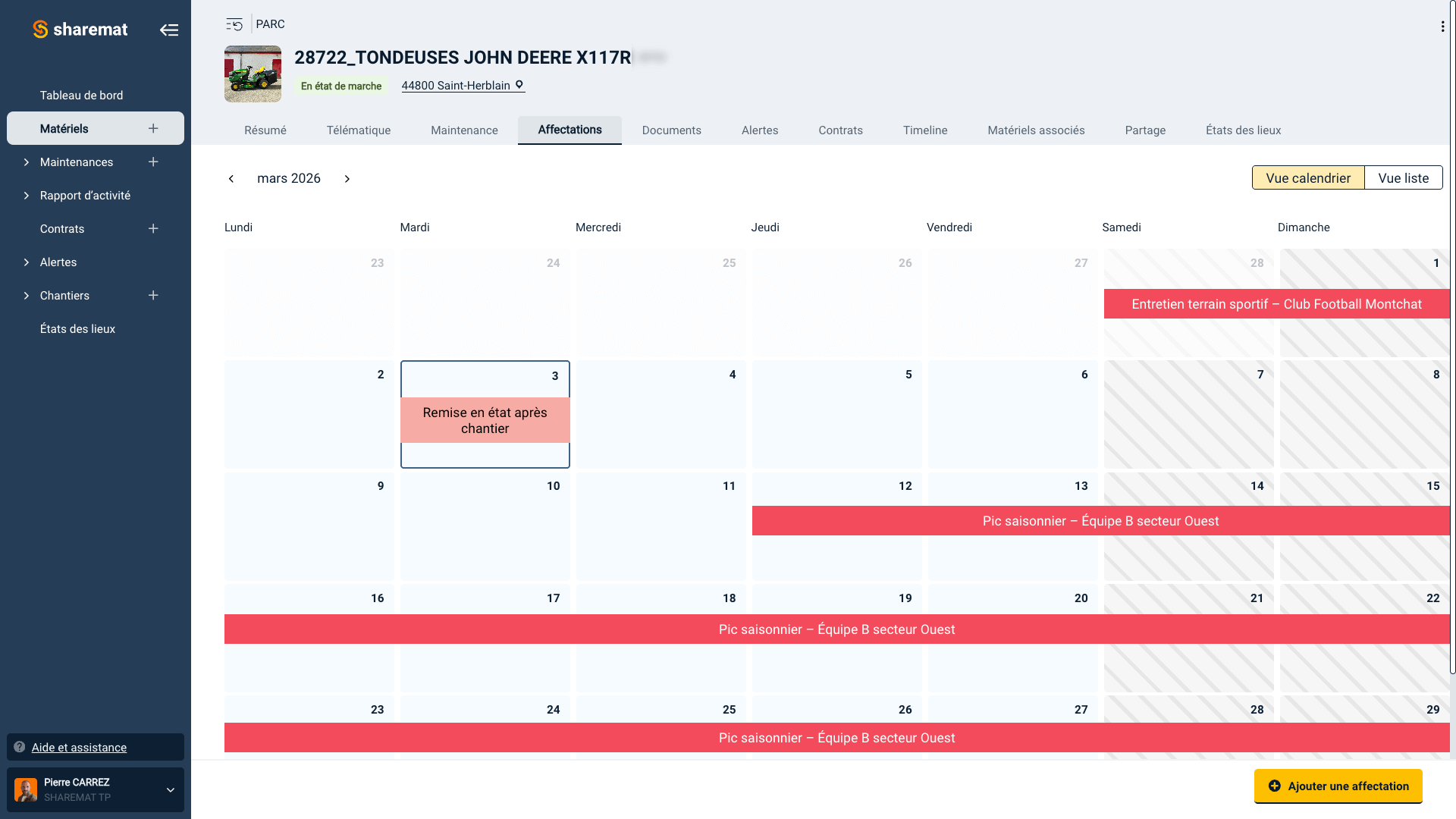 Calendrier avec des événements en rouge, dont 'Remise en état après chantier', 'Entretien terrain sportif – Club Football Montchat' et 'Pic saisonnier – Équipe B secteur Ouest'.