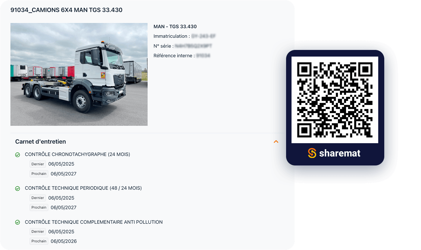 Une fiche de véhicule illustrant un camion 6x4 pour usage professionnel, avec un QR code à côté. La fiche comprend un aperçu de la mémoire d'entretien, notamment des contrôles réguliers et des dates de service.