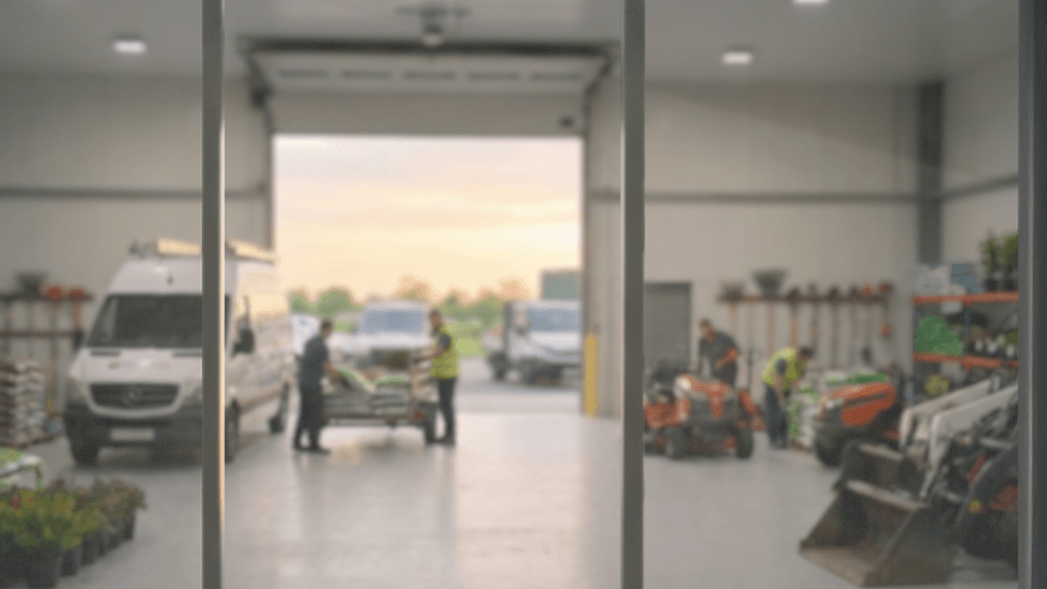 Vue de l'intérieur d'un entrepôt ou atelier avec plusieurs travailleurs en sécurité, équipements et véhicules utilitaires, vue à travers une grille ou barrière